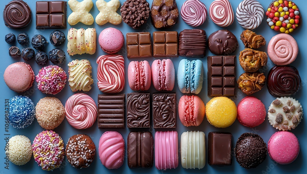 A colorful array of candy and sweets, including lollipops, chocolate bars, candies in different shapes like swirls or hearts, macarons, cookies, a sampler, all arranged on a blue background. A colorful array of candy and sweets, including lollipops, chocolate bars, candies in different shapes like swirls or hearts, macarons, cookies, a sampler, all arranged on a blue background.