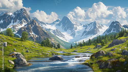 A scenic landscape showcasing majestic snow-capped mountains surrounded by lush green fields and a flowing river under a blue sky for landscapes.