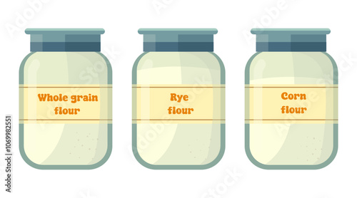 Whole wheat flour, rye flour, corn flour, can of flour, bakery, bread, loaf, rolls, vector illustration