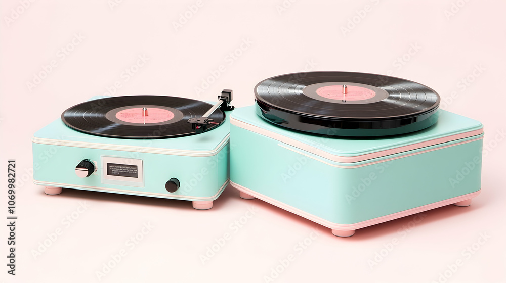 Fototapeta premium Two vintage style turquoise record players with pink accents on a pink background.
