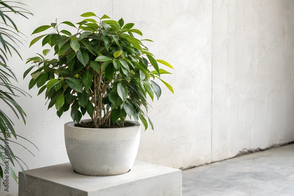 Fototapeta premium A potted plant with green leaves on a minimalist concrete platform