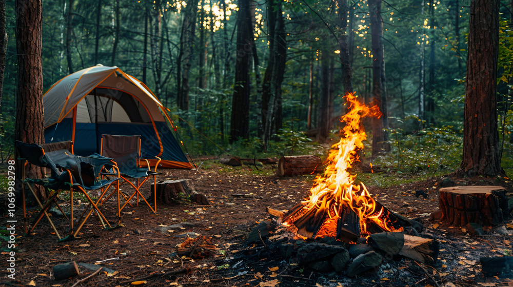 A cozy campsite in a forest setting featuring a tent and a campfire crackling, surrounded by tall trees for travel. A cozy campsite in a forest setting featuring a tent and a campfire crackling, surrounded by tall trees for travel.