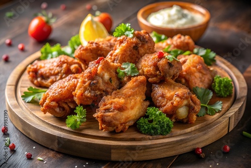 Deliciously crispy fried chicken wings arranged artfully, perfect for food photography and culinary presentations