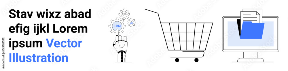 Arm with gears above it labeled CRM, shopping cart icon, computer monitor showing blue folder with document. Ideal for business solutions, CRM, e-commerce, shopping, data management, technology Arm with gears above it labeled CRM, shopping cart icon, computer monitor showing blue folder with document. Ideal for business solutions, CRM, e-commerce, shopping, data management, technology