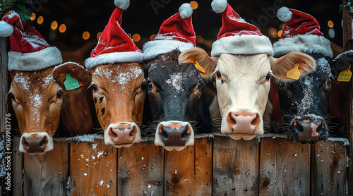 A group of cows wearing Christmas hats, peeking out from behind the barn door, celebrating in the holiday spirit.