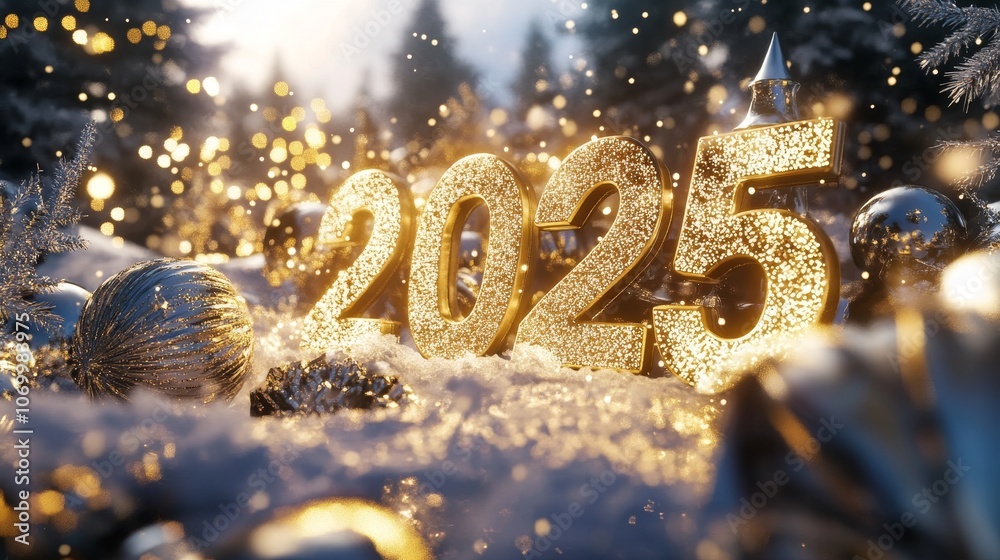 The image showcases the year 2025 in dazzling golden numbers glimmering in a winter wonderland. Surrounded by festive decorations, silver ornaments, a The image showcases the year 2025 in dazzling golden numbers glimmering in a winter wonderland. Surrounded by festive decorations, silver ornaments, a