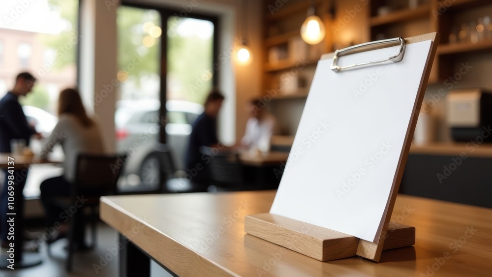 A blank table tent mockup sits on a table in a cafe, with customers engaged in casual discussions and coffee enjoyment. A blank table tent mockup sits on a table in a cafe, with customers engaged in casual discussions and coffee enjoyment.
