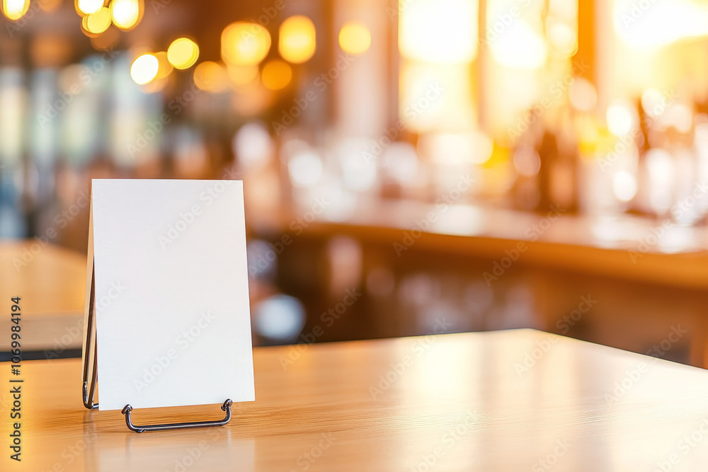 A blank menu holder mock up sits on a wooden table in a warmly lit restaurant, creating a welcoming atmosphere for diners. A blank menu holder mock up sits on a wooden table in a warmly lit restaurant, creating a welcoming atmosphere for diners.