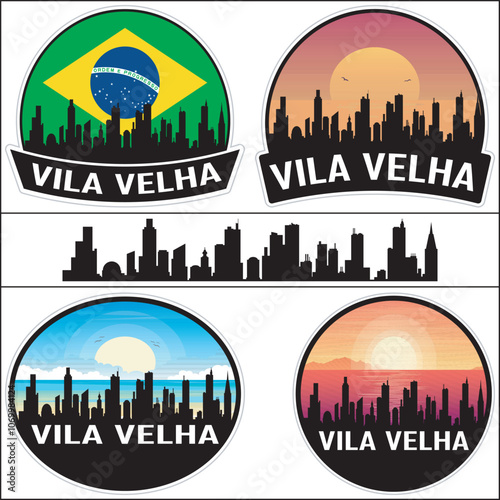 Vila Velha Skyline Brazil Flag Cityscape Silhouette Travel Souvenir Sticker Sunset Isolated Vector