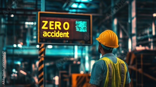 A construction worker in safety gear looks at a digital sign displaying 
