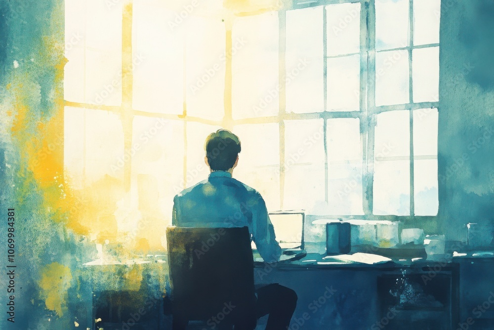 Person working at desk illuminated by natural light from large window. Person working at desk illuminated by natural light from large window.