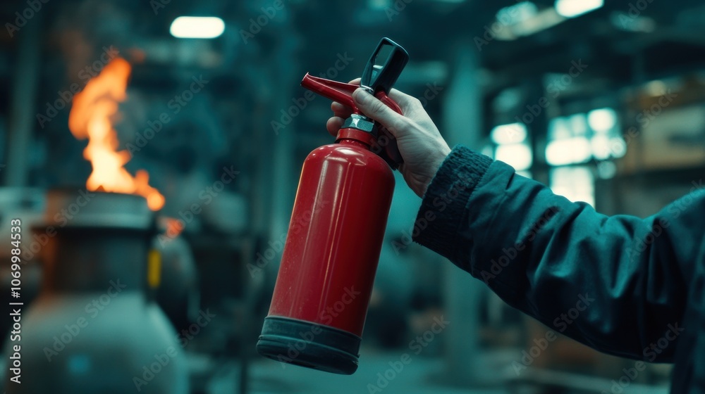 Fototapeta premium A person's hand holding a red fire extinguisher, ready to use, with a small fire blazing in the background in an industrial setting.