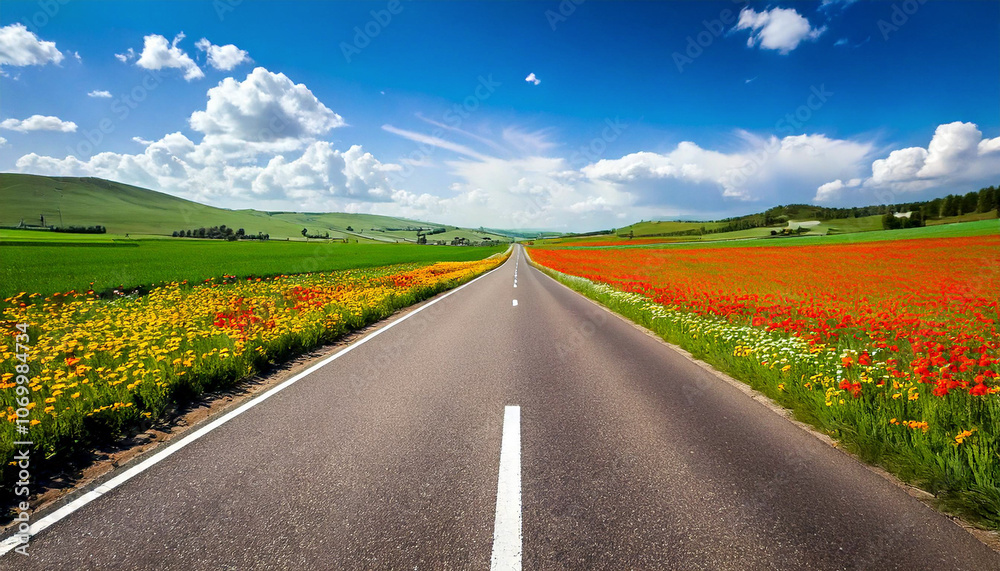 Naklejka premium Una carretera asfaltada atravesando un paisaje pradera durante la primavera con coloridas flores