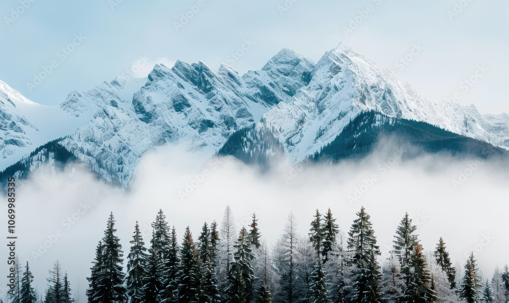 Fototapeta premium The mountains are covered in snow and the trees are bare