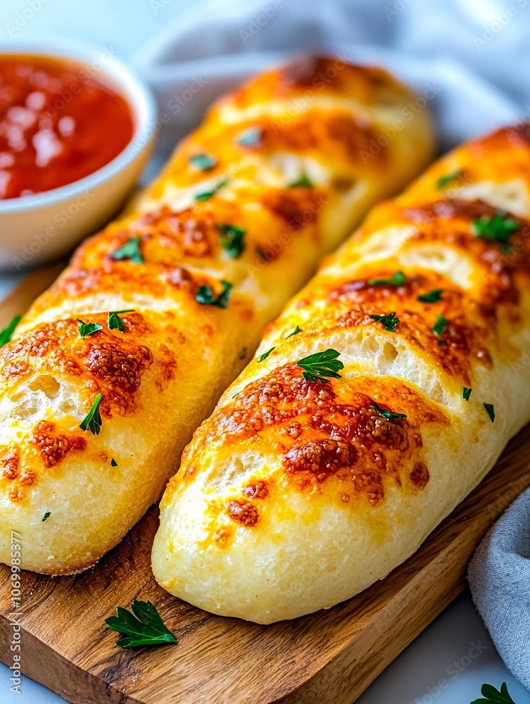 A wooden cutting board topped with two pieces of bread covered in cheese A wooden cutting board topped with two pieces of bread covered in cheese