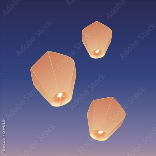 Chinese traditional sky lantern illustration. Traditional Chinese festival lanterns.