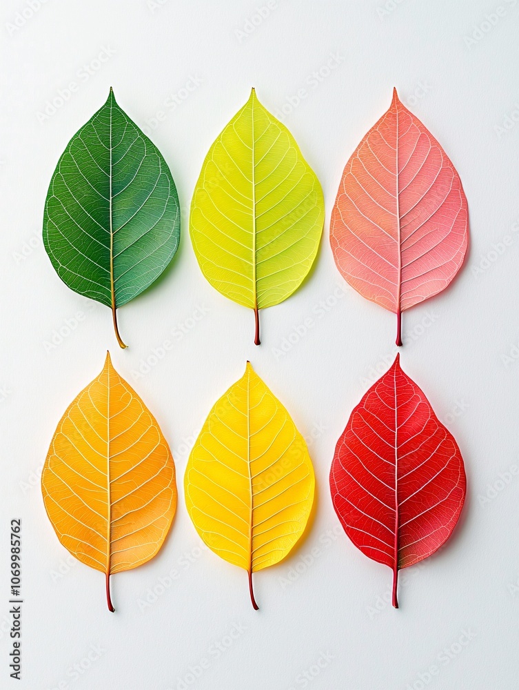 Obraz premium A close-up of autumn leaves with vibrant colors, each vein and texture defined, set against a muted background offering copy space.