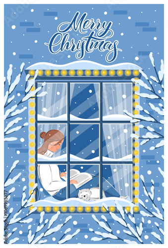 Woman reading book and sitting at the winter window. Merry Сhristmas lettering. Cozy winter vector illustration for bookstore, library, sale in bookshop.