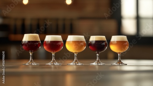 A close-up of a beer flight with four different craft beers in small glasses, set against a brewery backdrop