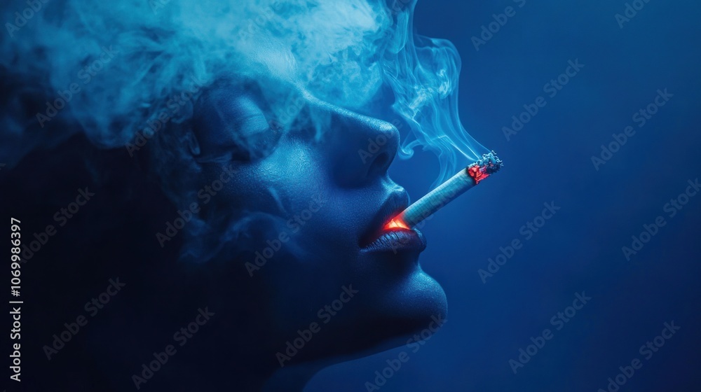Obraz premium A close-up of a person exhaling smoke while holding a lit cigarette, surrounded by blue tones.