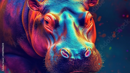 A vibrant, colorful depiction of a hippopotamus against a dynamic background.