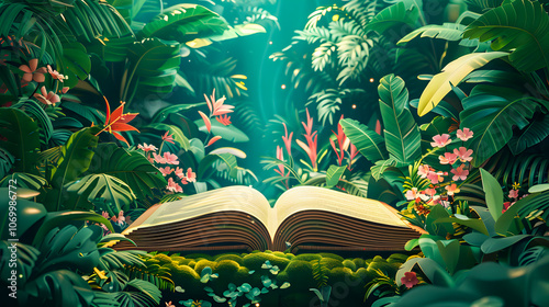 Fototapeta Naklejka Na Ścianę i Meble -  A tropical forest jungle appearing in a opening book