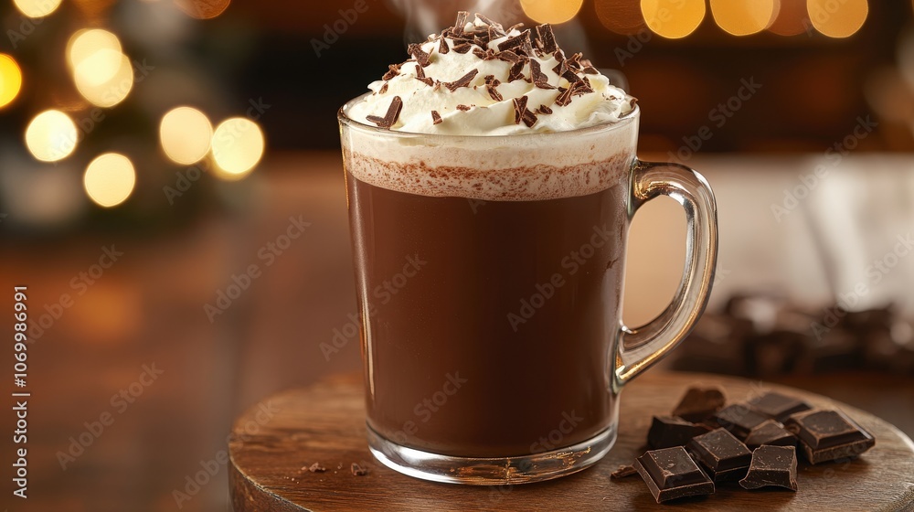 A cup of steaming hot chocolate topped with whipped cream and shaved chocolate A cup of steaming hot chocolate topped with whipped cream and shaved chocolate