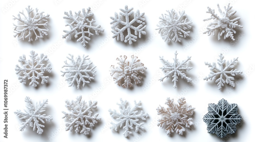 This artistic image captures a harmonious arrangement of various snowflakes, showcasing diverse patterns against a solid white background. Each snowfl This artistic image captures a harmonious arrangement of various snowflakes, showcasing diverse patterns against a solid white background. Each snowfl