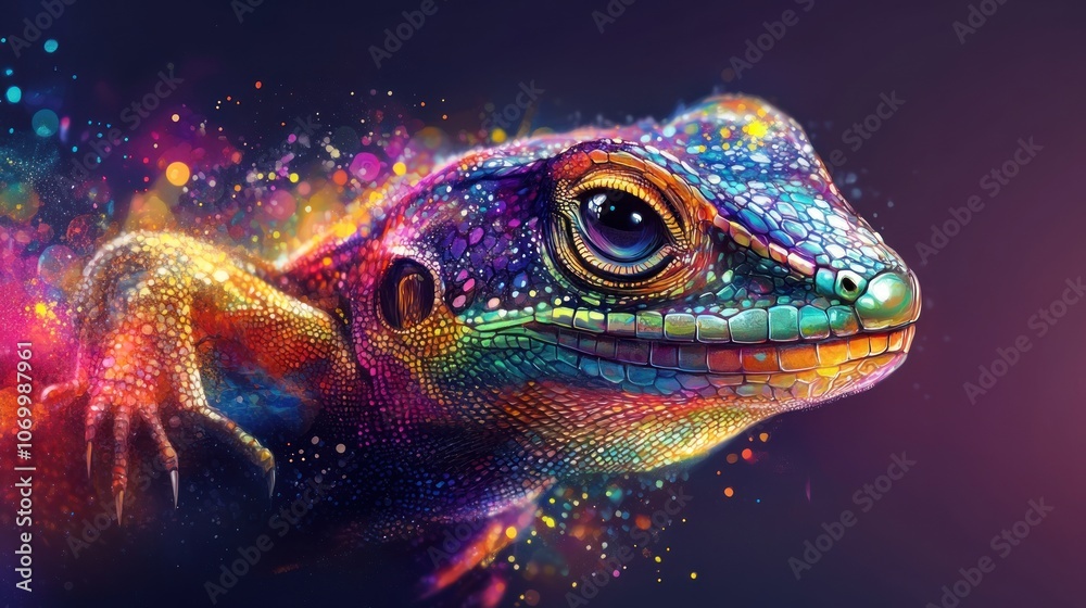 A colorful, artistic representation of a lizard with vibrant patterns and textures. A colorful, artistic representation of a lizard with vibrant patterns and textures.
