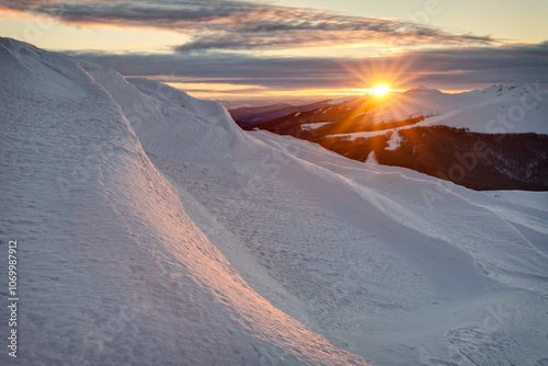 Bieszczady mountains in winter, beautiful sunrise photo