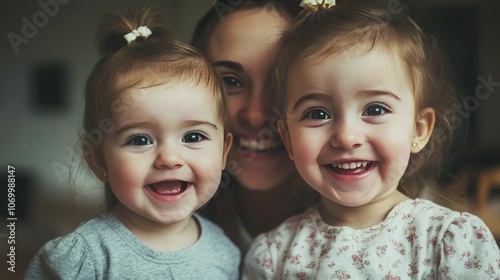 A young mother spends time with her little daughters at home.