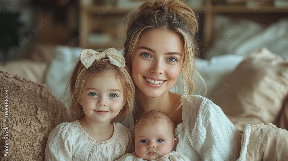 A young mother spends time with her little daughters at home. A young mother spends time with her little daughters at home.