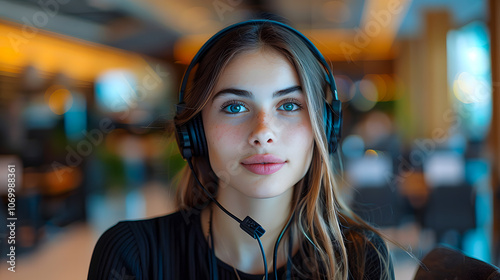 A young and attractive employee with headphones