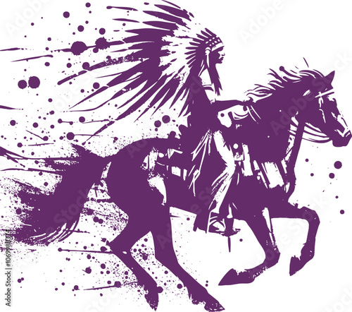 A striking purple silhouette of a Native American riding a horse perfect for Western themed designs branding and posters