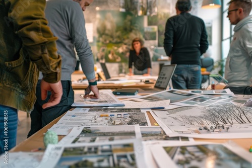 Five planners are having a planning meeting for a museum. There are texts, drawings, computers, etc. on the table