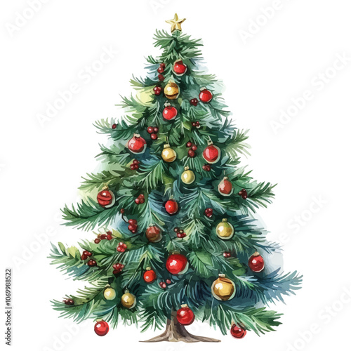 A watercolor vector of a Christmas tree, isolated on a white background.