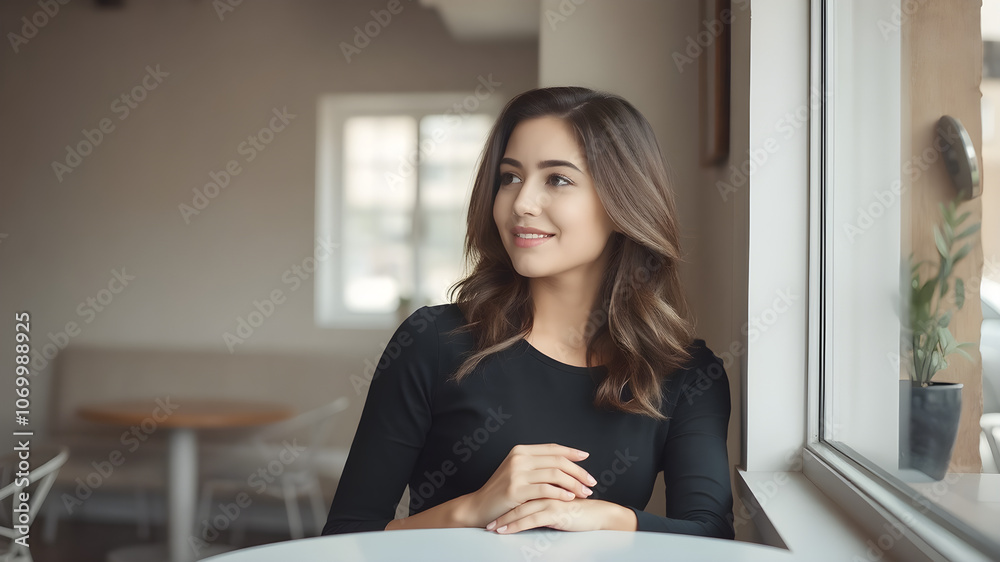 Serene Portrait of a Beautiful Young Woman in a Minimalist Café, Gently Resting on the Table with a Soft Smile and Natural Light Serene Portrait of a Beautiful Young Woman in a Minimalist Café, Gently Resting on the Table with a Soft Smile and Natural Light