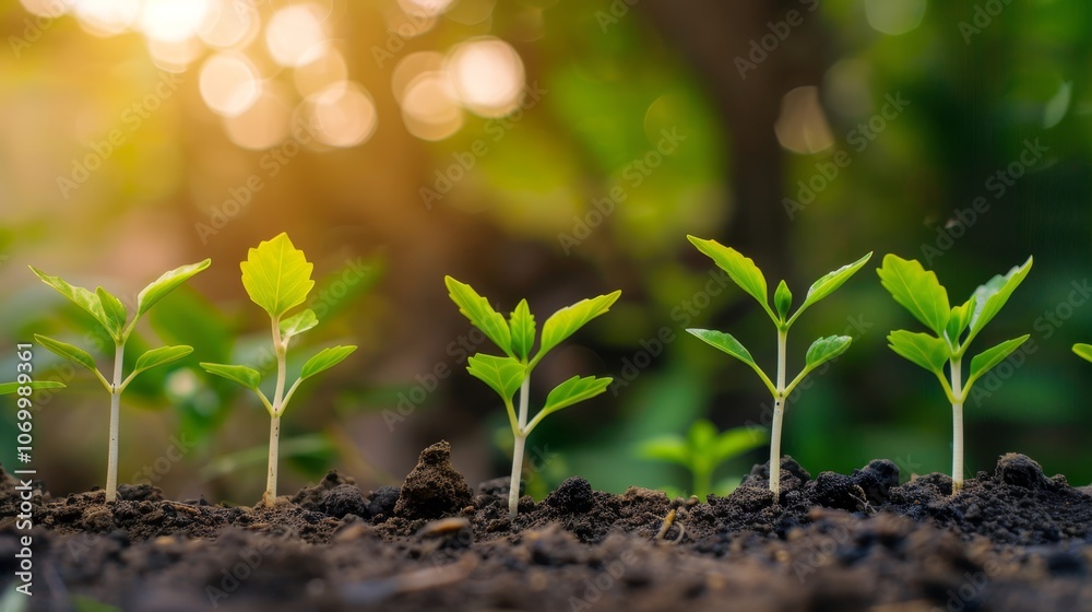 Young green tree growing in the soil with sunlight shining from behind in a natural background Young green tree growing in the soil with sunlight shining from behind in a natural background
