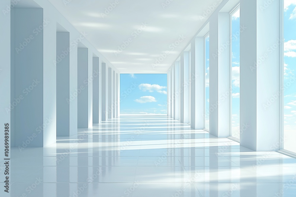 A bright, open corridor with tall columns and soft sunlight streaming in, creating shadows and a view of the blue sky background. A bright, open corridor with tall columns and soft sunlight streaming in, creating shadows and a view of the blue sky background.