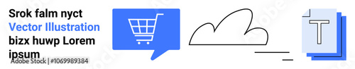 Shopping cart in blue speech bubble, cloud symbol, text document in blue layers. Ideal for e-commerce, cloud storage, content creation, digital business, online communication, data management, web