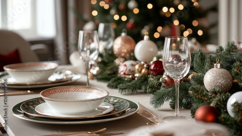 This image features an elegantly set Christmas dinner table adorned with fine dishware, sparkling ornaments, and lush green garlands. The background h