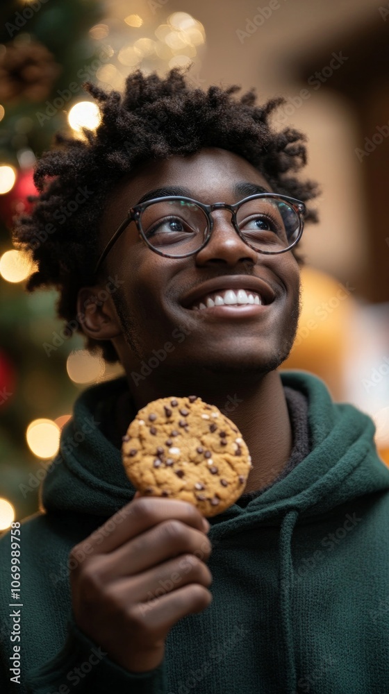 Naklejka premium A young man with curly hair smiles broadly as he holds a chocolate chip cookie, immersed in the joyful atmosphere of New Year's Eve celebrations