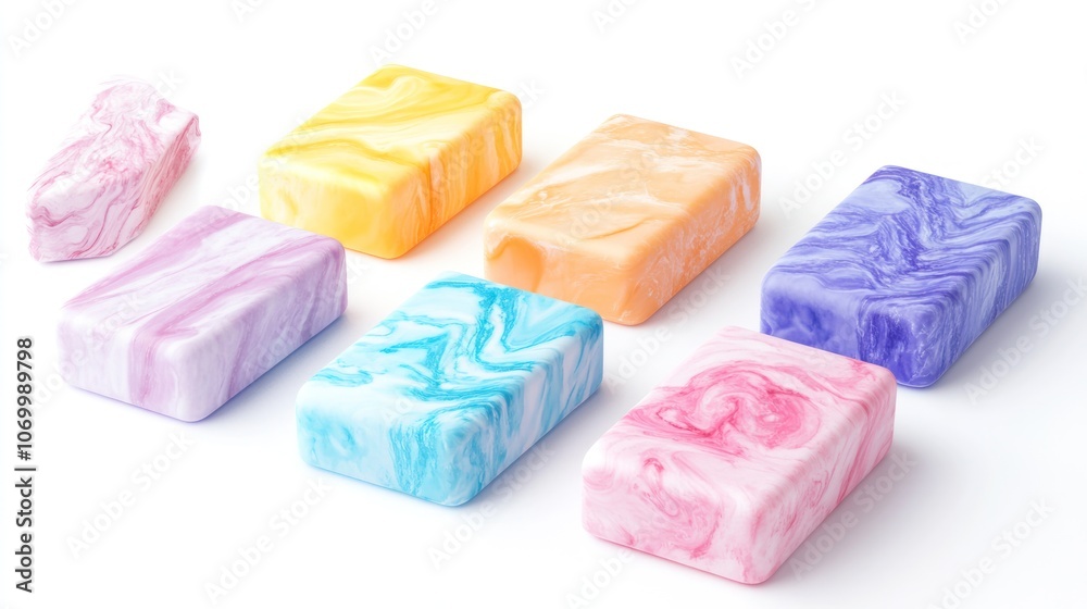 Colorful marbled soap bars arranged in a row, showcasing vibrant hues and textures. Colorful marbled soap bars arranged in a row, showcasing vibrant hues and textures.