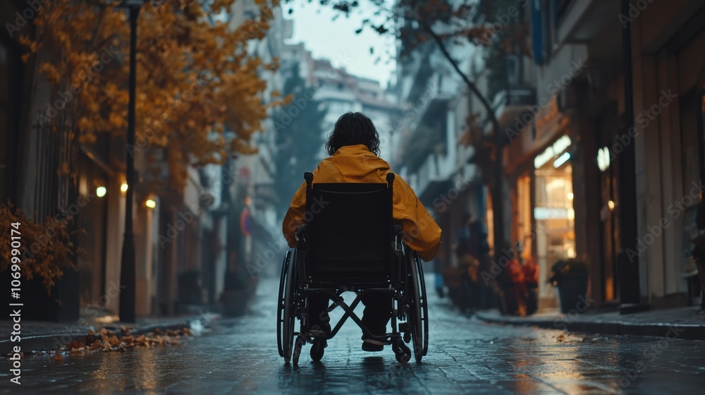 Obraz premium A Person in Wheelchair Navigating City Street, selective focus