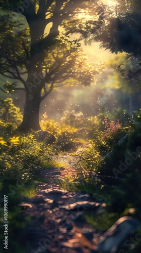 Sunlit Path Through a Lush Forest - A Tranquil Woodland Scene