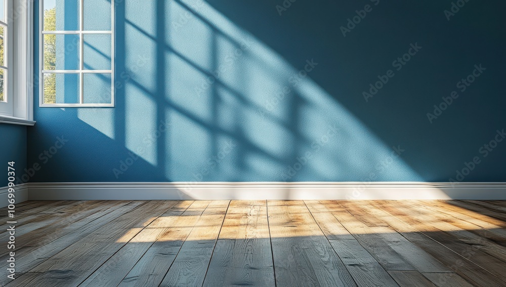 Sunlit room with textured blue wall and wooden floor, showcasing minimalist interior design Sunlit room with textured blue wall and wooden floor, showcasing minimalist interior design