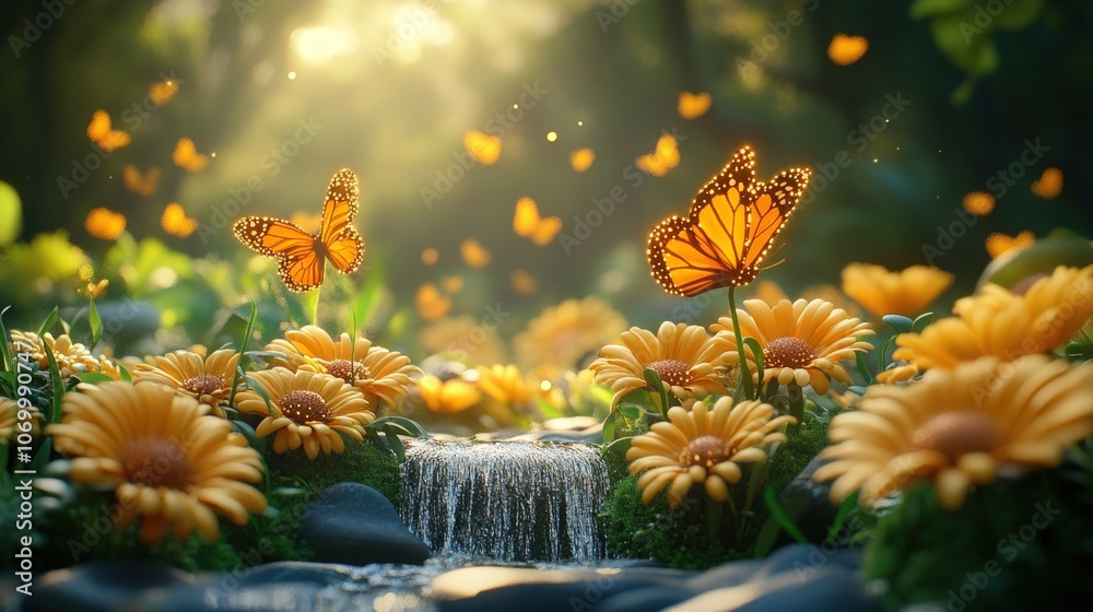 A magical scene with butterflies fluttering over a small waterfall in a field of yellow flowers. A magical scene with butterflies fluttering over a small waterfall in a field of yellow flowers.