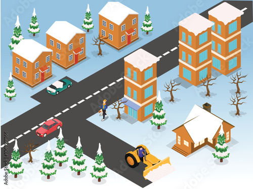 Winter Urban Neighborhood with Snow Removal and Residential Buildings 3d isometric vector illustration