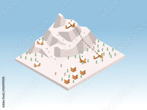 Winter Mountain Ski Resort with Ski Lift and Chalets 3d isometric vector illustration
