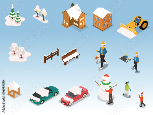 Winter Scene Elements with People, Snowman, Trees, and Vehicles 3d isometric vector illustration